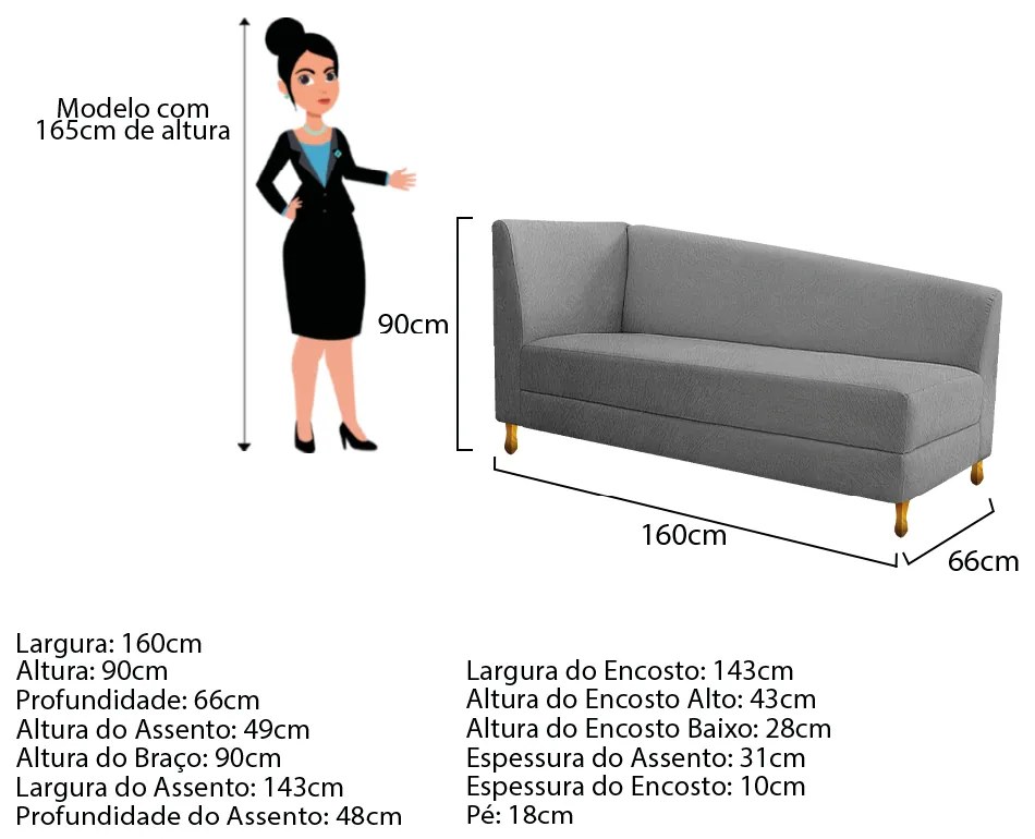 Recamier Valéria 160cm Lado Esquerdo Suede Cinza - ADJ Decor