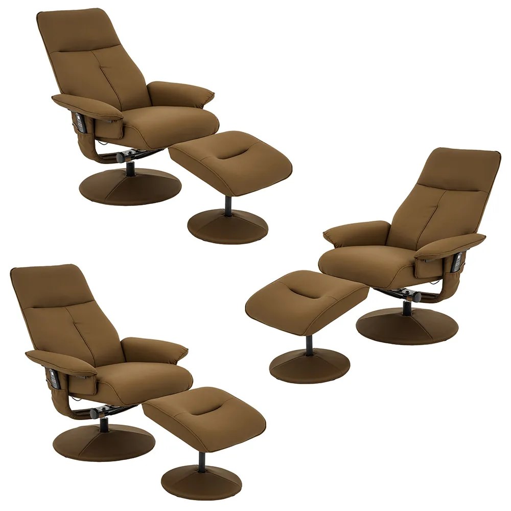 Kit 3 Poltronas do Papai Elétrica Reclinável Giratória com Apoio de Pés e Massagem Nebraska PU Caramelo G56 - Rivatti