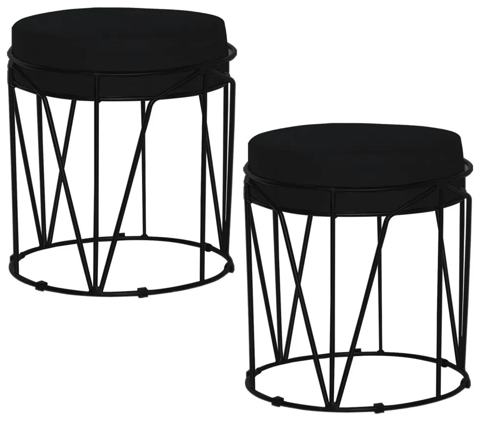 Kit 2 Puffs Decorativo Sala de Estar Base Preto Chloe Suede Preto G41 - Gran Belo