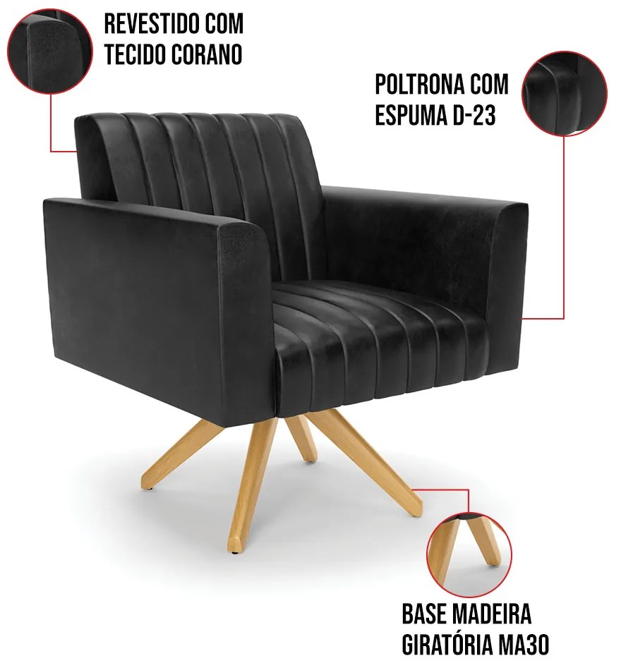 Poltrona Giratória Viena Gomada Corano Base de Madeira MA30 D03 - D'Rossi - Preto