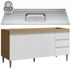 Balcão de Cozinha com Pia Inox 160cm Andréia Amêndoa/Branco - AJL Móve