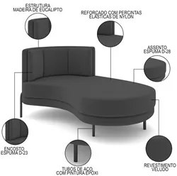Chaise Longue Divã 164cm Braço Esquerdo Logus D06 Veludo Cinza - Mpoze