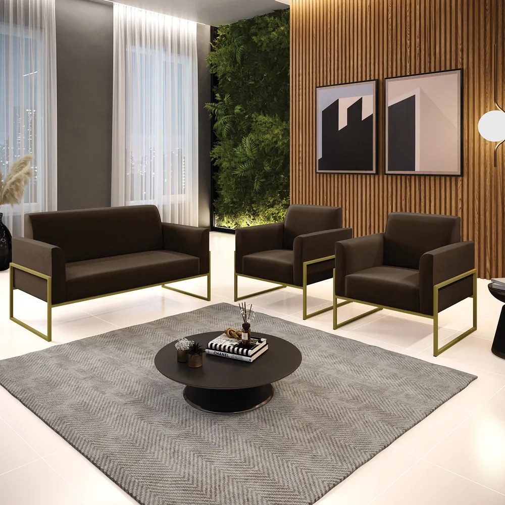 Sofá Namoradeira com 2 Poltronas Base Industrial Alta Dourado Marisa Suede D03 - D'Rossi - Marrom