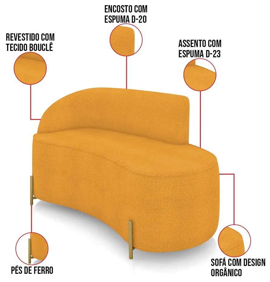 Sofá 2 Lugares Orgânico 140cm Pé Aço Lateral Dourado Morgan Bouclê D03 - D'Rossi  - Mostarda