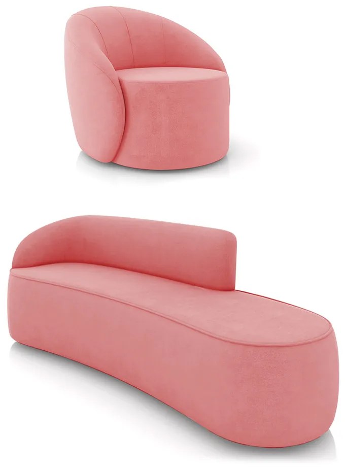 Sofá 4 Lugares Orgânico 220cm Morgan e Poltrona Lua Suede Rosê D03 - D'Rossi