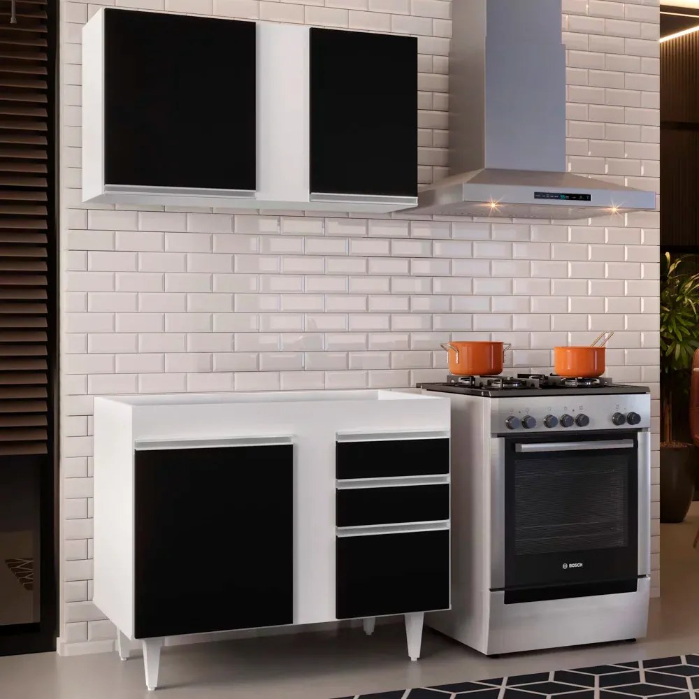 Kit Armário Aéreo e Balcão de Cozinha Lavanderia Aurora sem Tampo Branco e Preto 100 cm L06 - D'Rossi