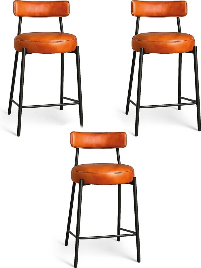 Banqueta Cozinha Alta com Encosto Industrial Preto Kit 3 Londres PU D03 - D'Rossi - Nozes