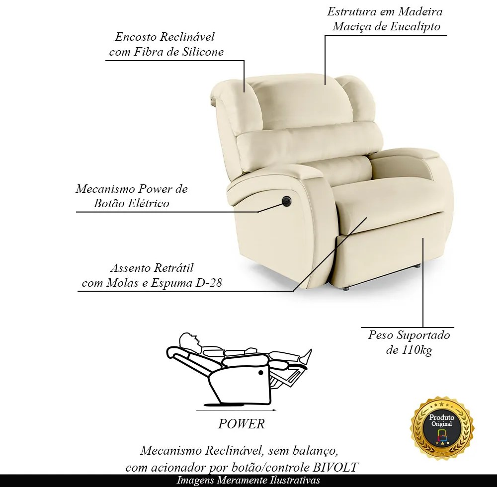 Poltrona do Papai Sala de Cinema Reclinável Kylie Power Elétrica PU Bege G23