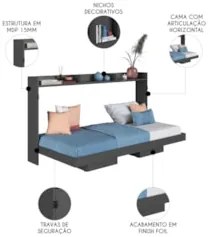 Cama Solteiro Infantil Articulação Horizontal Isis Grafite A05 - Mpoze
