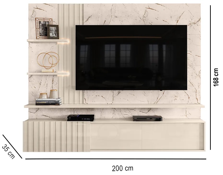 Painel TV 65 Pol 200cm Bancada Suspensa Ripado Mirellin M20 - D'Rossi - Calacata e Off White