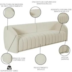 Sofá Living Decorativo 3 Lugares 252cm Meris Z32 Boucle Cru - Mpozenat