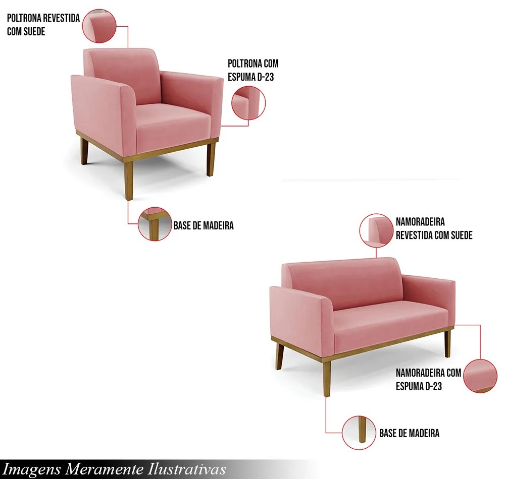 Conjunto Poltrona e Namoradeira Decorativa Isabella Pés Fixo em Madeira Castanho Suede Rose G19 - Gran Belo