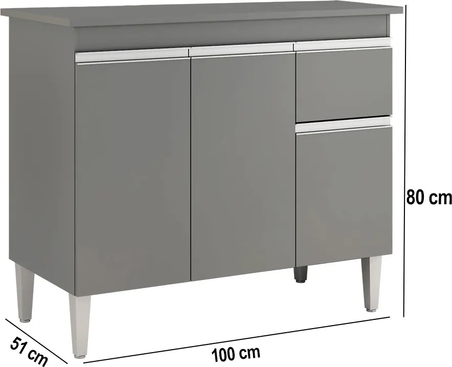 Balcão Cozinha com Tampo 100cm 3 Portas Taylla A01 - D'Rossi - Cinza