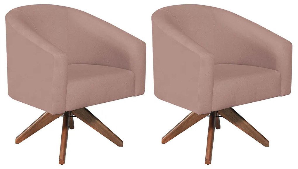 kit 02 Poltronas Luiza Base Giratória de Madeira Linho Rosê - ADJ Decor