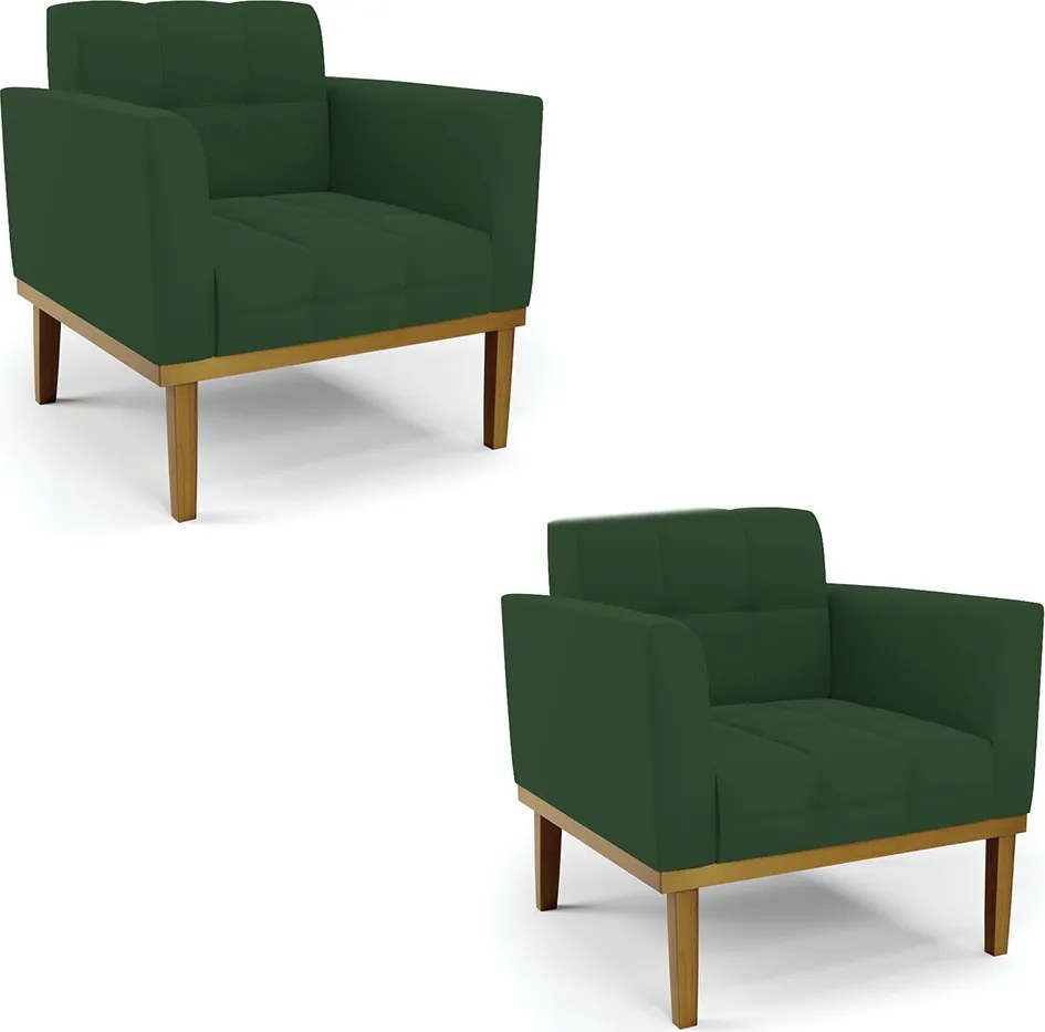 Kit 2 Poltronas Decorativas Karen Pés Fixo em Madeira Castanho Veludo Verde Esmeralda G19 - Gran Belo