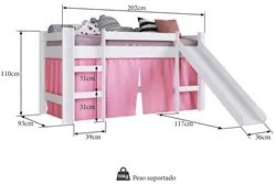 Cama Elevada Com Escorregador E Cortina BB1000 Branco/Rosa - Completa