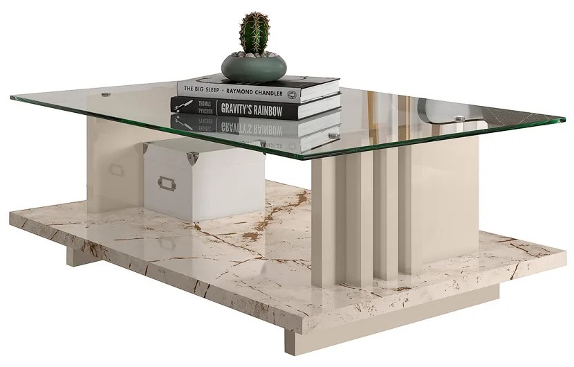 Mesa de Centro Para Sala Ripado Tampo de Vidro Mirezi M20 - D'Rossi - Calacata e Off White
