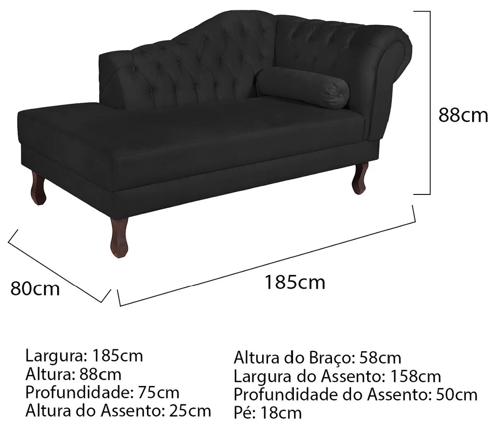 Recamier Diana 185cm Lado Esquerdo Suede Preto - ADJ Decor