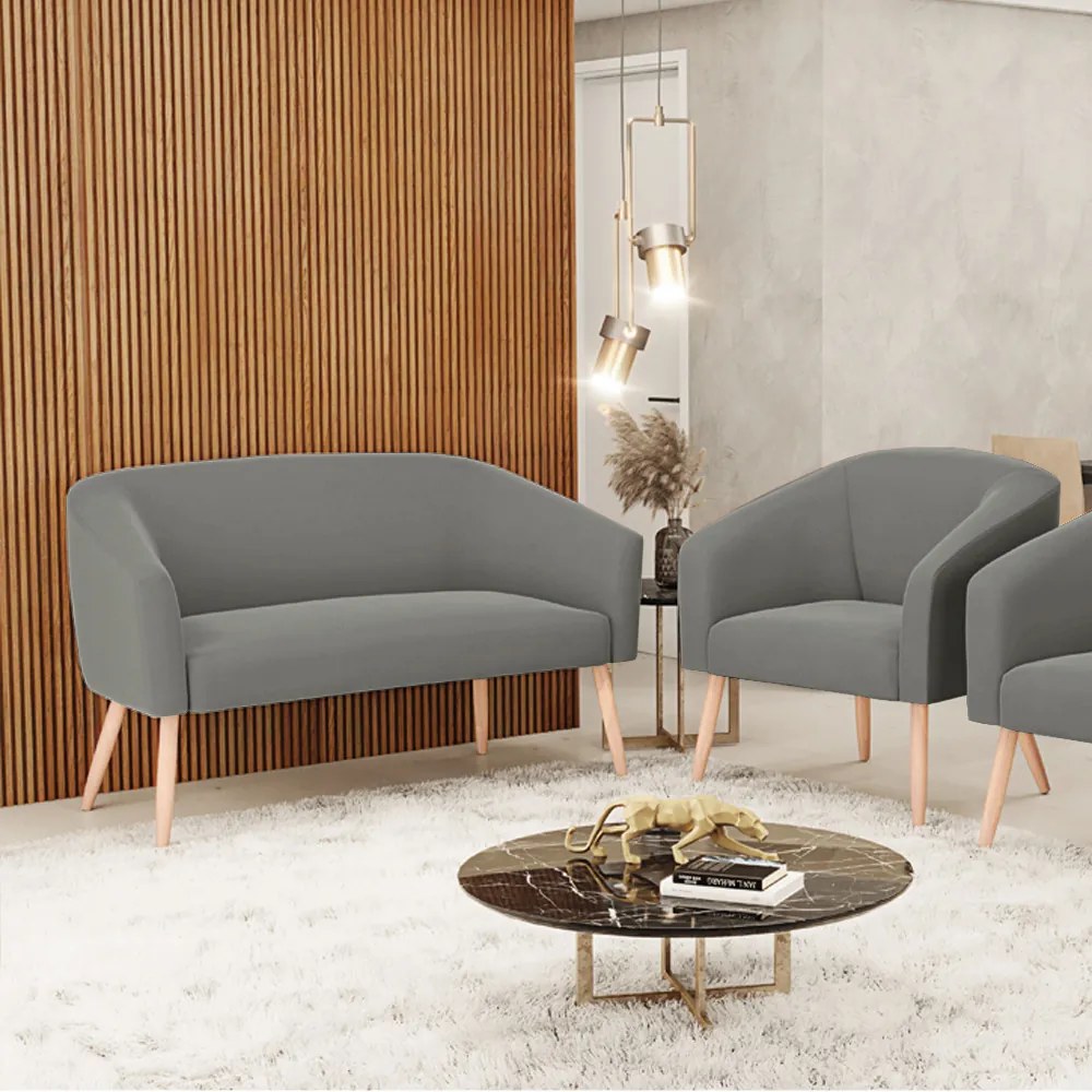 Sofá Namoradeira e Poltrona Pé Palito Natural Stella Suede D03 - D'Rossi - Grafite