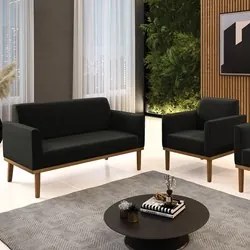 Sofá Namoradeira e 1 Poltrona Base Madeira Castanho Maressa Suede Pret