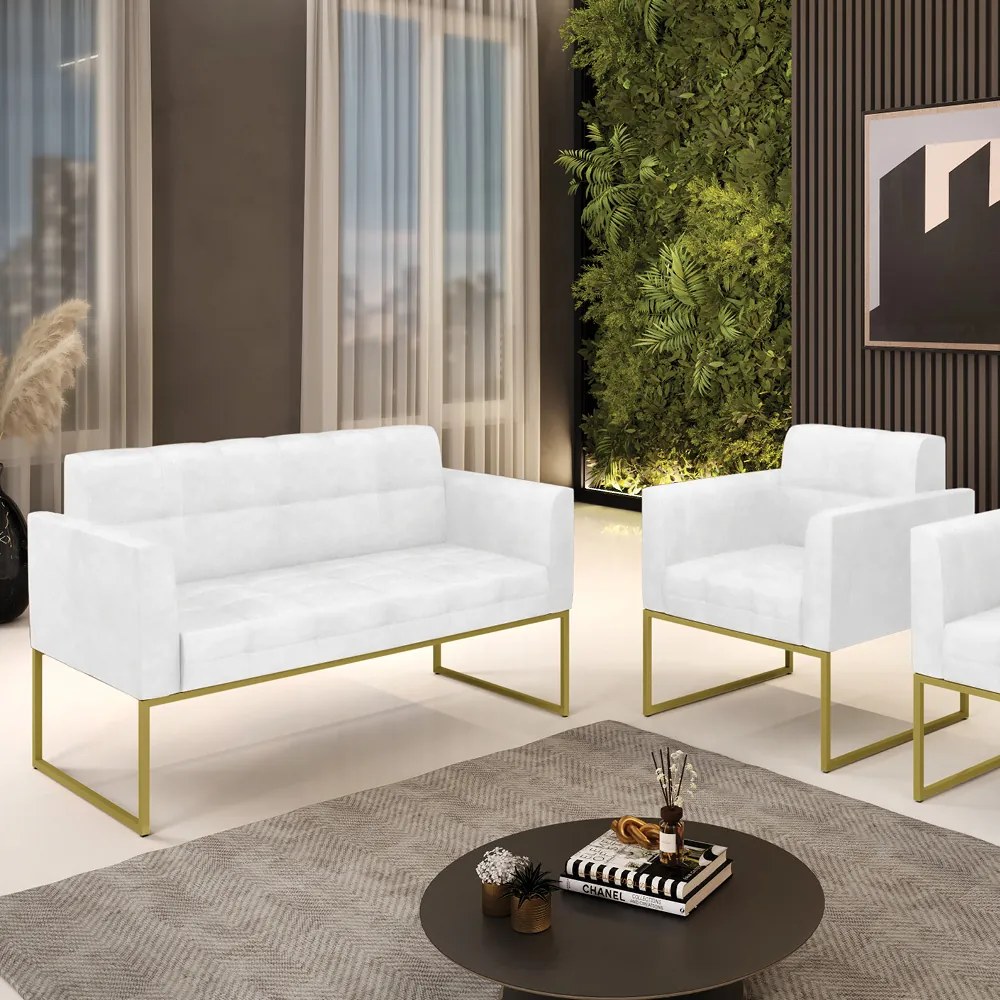 Kit 1 Sofá Namoradeira e 1 Poltrona Elisa Corano Base Metálica Industrial Dourado - D'Rossi - Branco