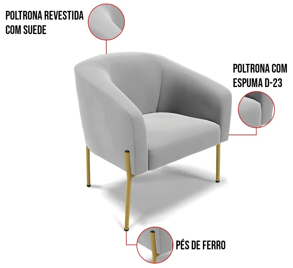 Poltrona Decorativa Pé de Ferro Dourado Kit 2 Stella Suede D03 - D'Rossi - Cinza