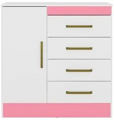Cômoda Para Quarto  Flex 1 Porta 4 Gavetas Montevideu D02 Branco/Rosa/