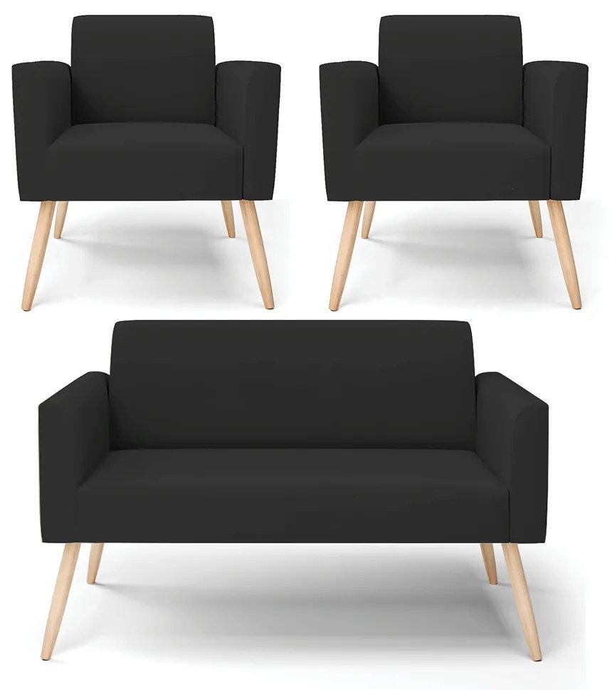 Sofá Namoradeira com 2 Poltronas Pés Palito Natural Marisa Veludo D03 - D'Rossi - Preto