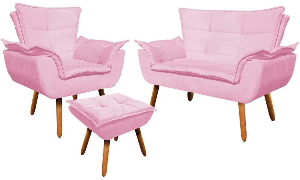 Conjunto Poltrona Puff e Namoradeira Pés Palito Charger Suede Rosa G19 - Gran Belo