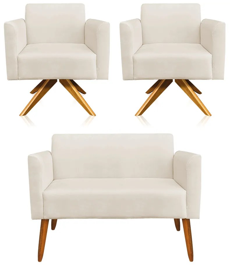 Kit 01 Namoradeira 02 Lugares e 02 Poltronas Marisa Suede Bege Base Giratória Madeira MA30 D'Rossi