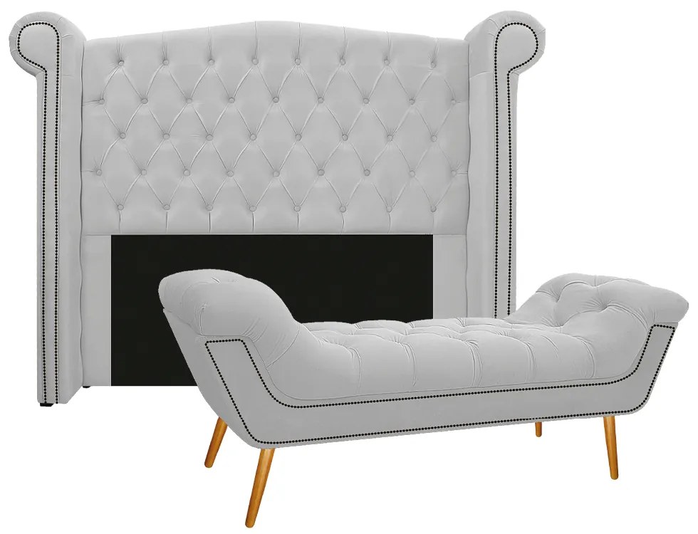 Kit Cabeceira e Calçadeira Veneza 160 cm Queen Size Suede Branco - ADJ Decor