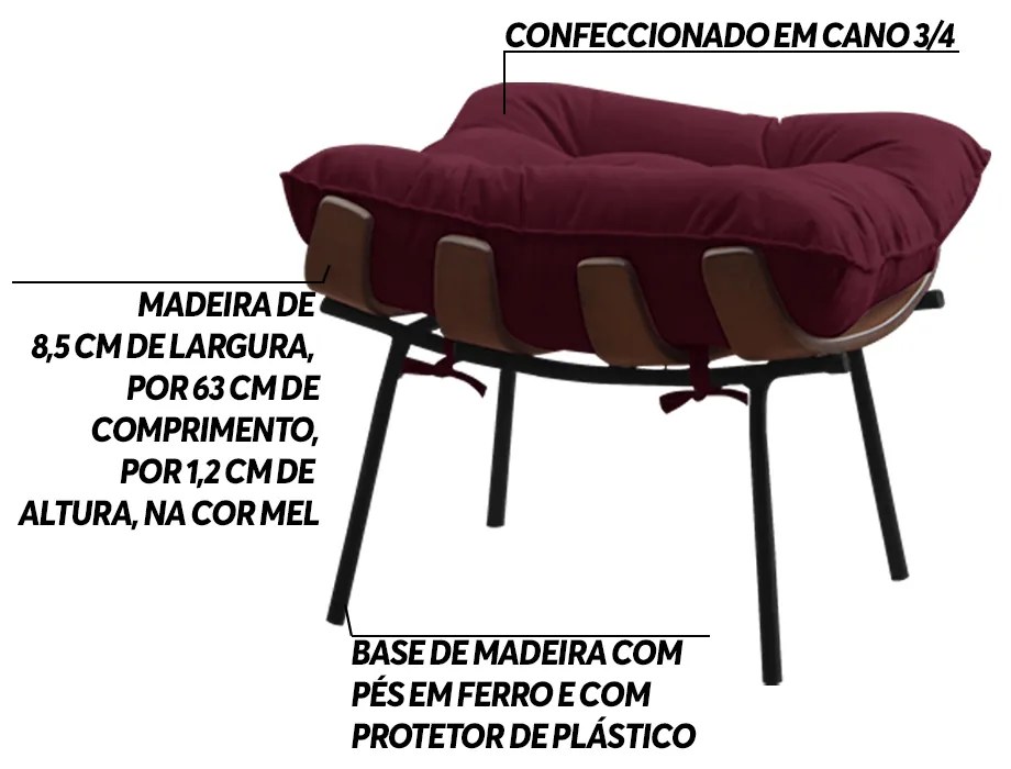 Puff Decorativo Sala de Estar Abel Base de Madeira Preto Suede Bordô G41 - Gran Belo