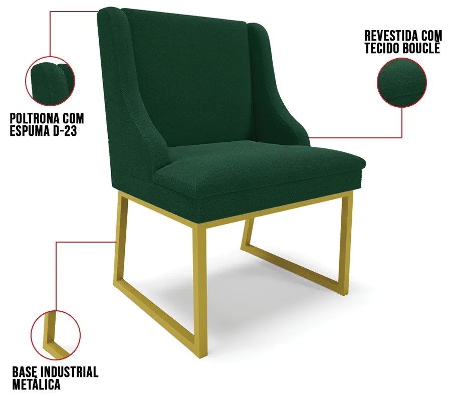Cadeira Sala de Jantar Industrial Dourado kit 4 Liz Bouclê D03 - D'Rossi - Verde