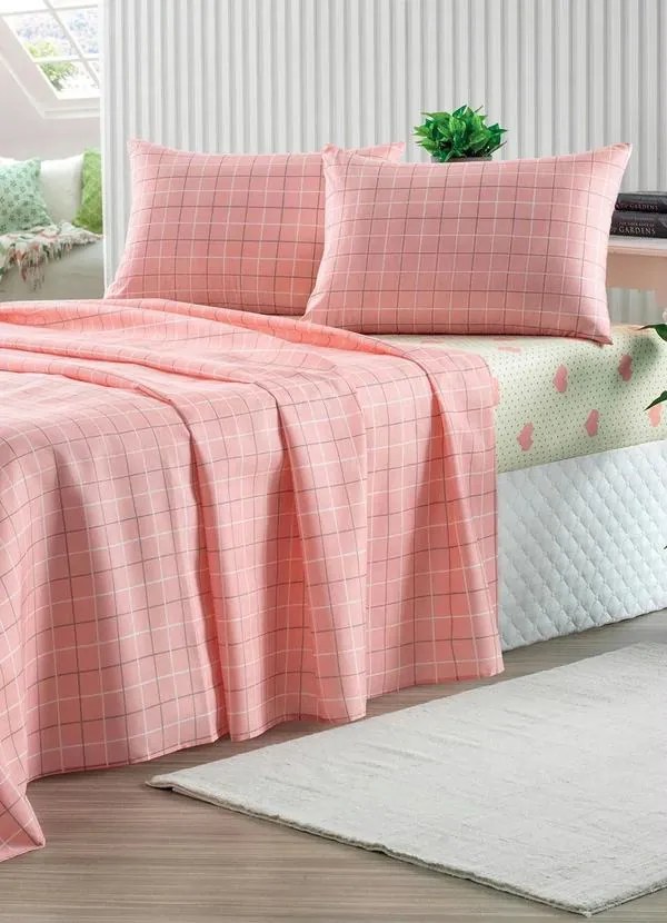 Jogo de Cama 150 Fios Rosa Casal 4 Peças