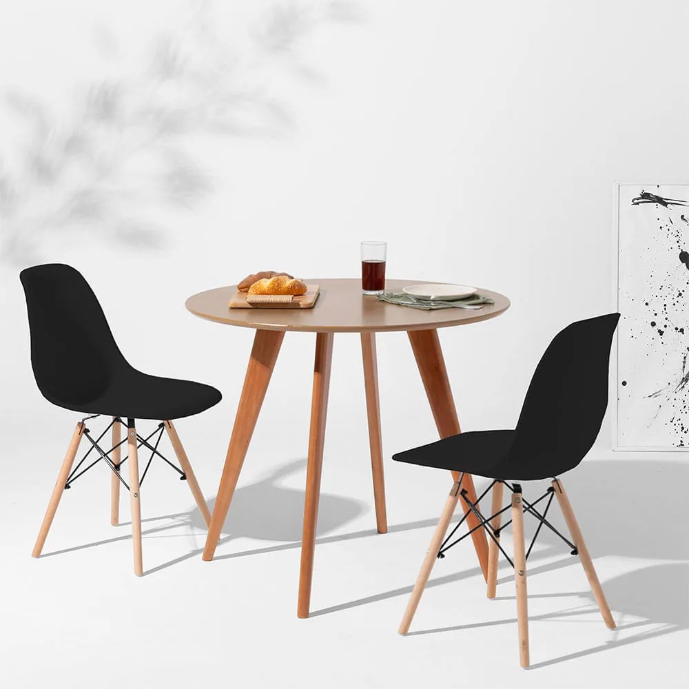 Conjunto Mesa Square Redonda  Bétula - 88cm com + 2 Cadeiras Eiffel - Preto