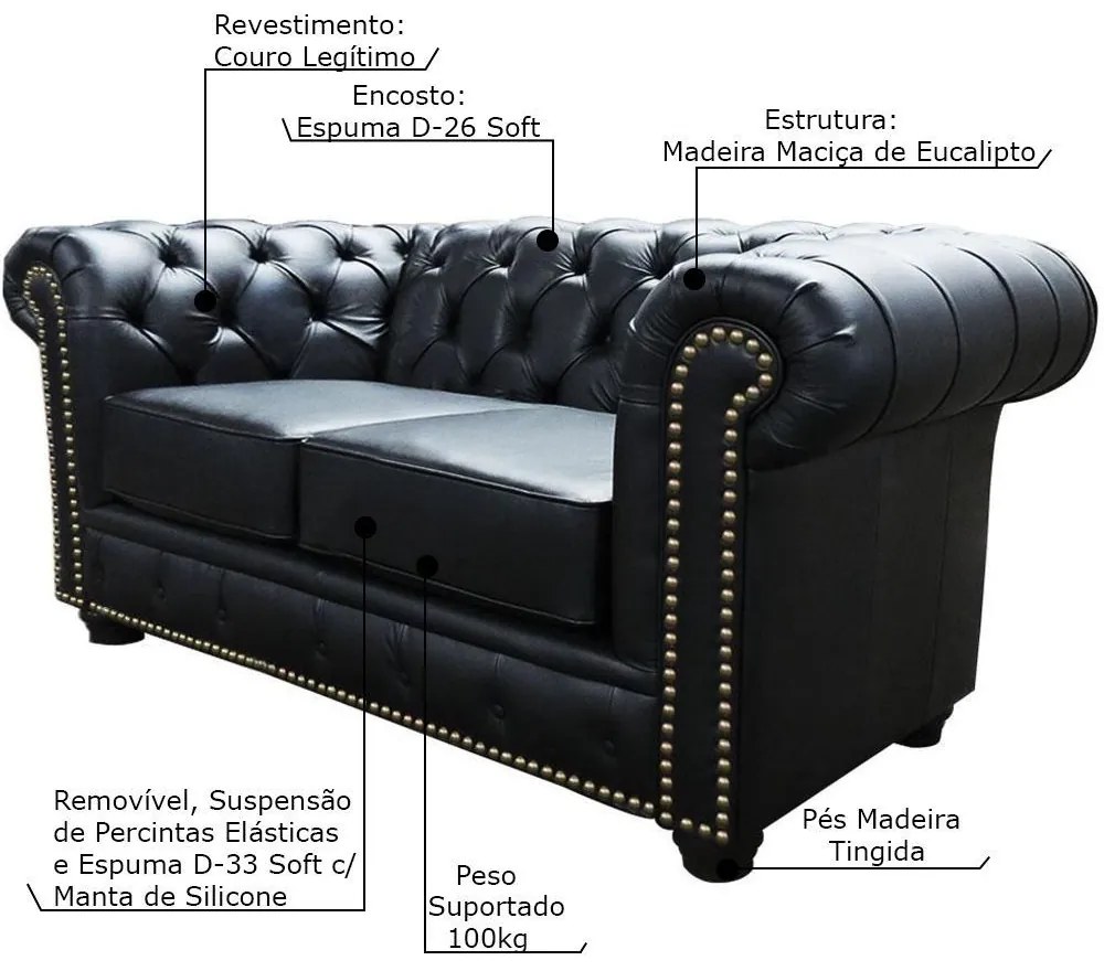 Sofá 2 Lugares Sala de Estar Chesterfield com Pés Madeira Couro Preto G40 - Gran Belo