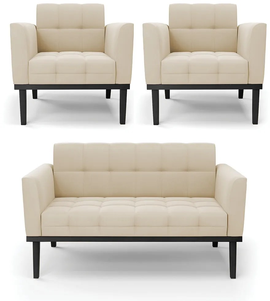 Conjunto 2 Poltronas e 1 Namoradeira Decorativa Karen Pés Fixo em Madeira Preto Suede Bege G19 - Gran Belo