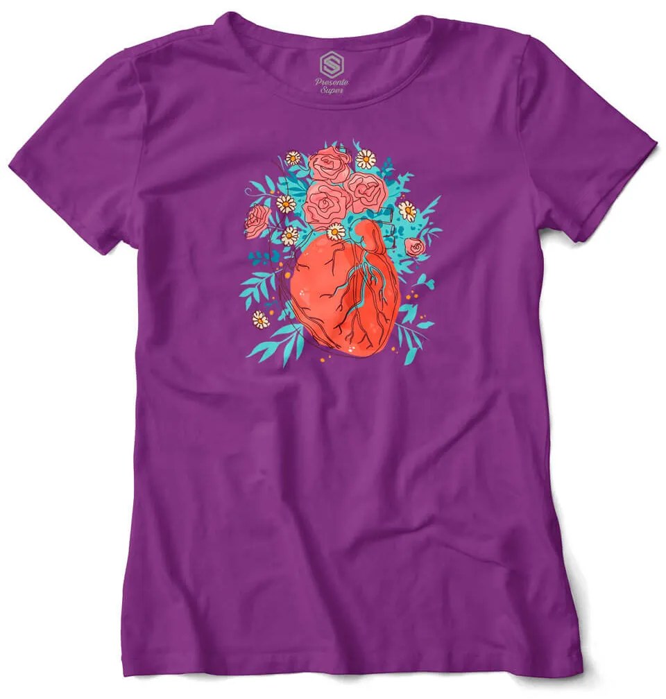 Camiseta Baby Look Coração Florido de Amor - Verde Musgo - GG