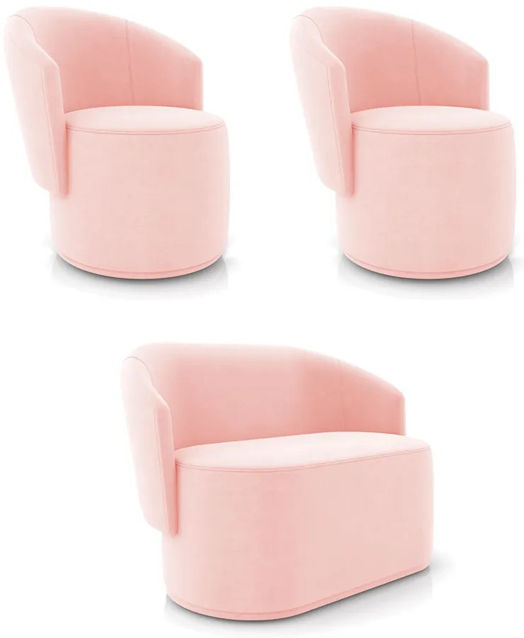 Sofá Namoradeira e 2 Poltronas Orgânica para Sala Malu Suede M11 - D'Rossi - Rosa Bebê