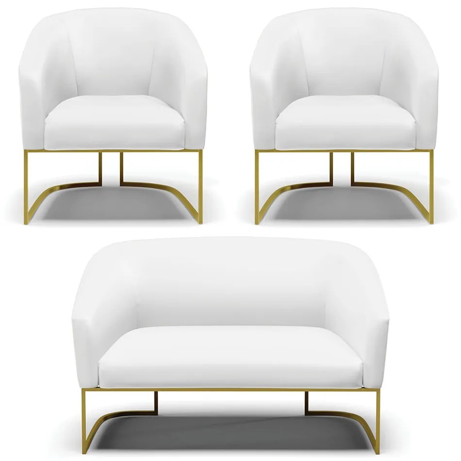 Namoradeira e 2 Poltronas Industrial Dourado Stella Sintético D03 - D'Rossi - Branco