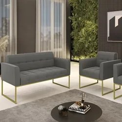 Sofá Namoradeira e 1 Poltrona Base Industrial Dourado Ana Suede Grafit