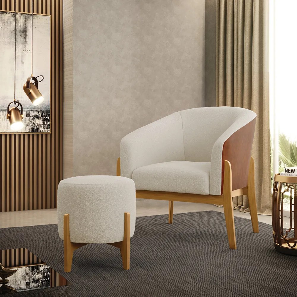 Poltrona e Puff Decorativo Base Madeira Stella PU Nozes/Bouclê D03 - D'Rossi - Bege