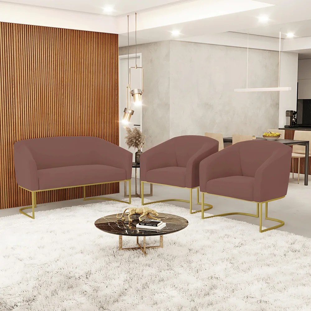 Namoradeira e 2 Poltronas Industrial Dourado Stella Veludo D03 - D'Rossi - Rose