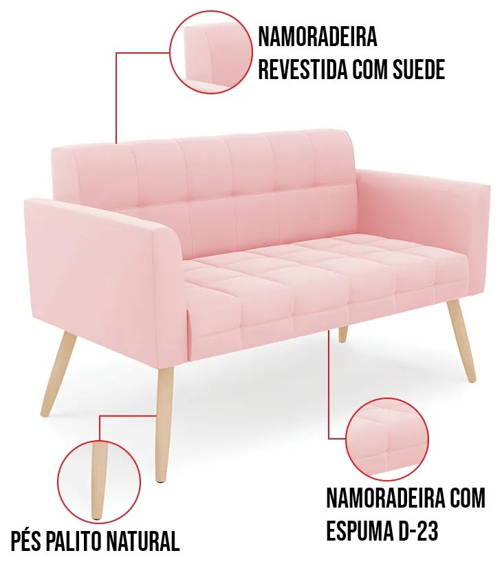 Kit 1 Sofá Namoradeira e 1 Poltrona Elisa Suede Pés Palito Natural D03 - D'Rossi - Rosa Bebê