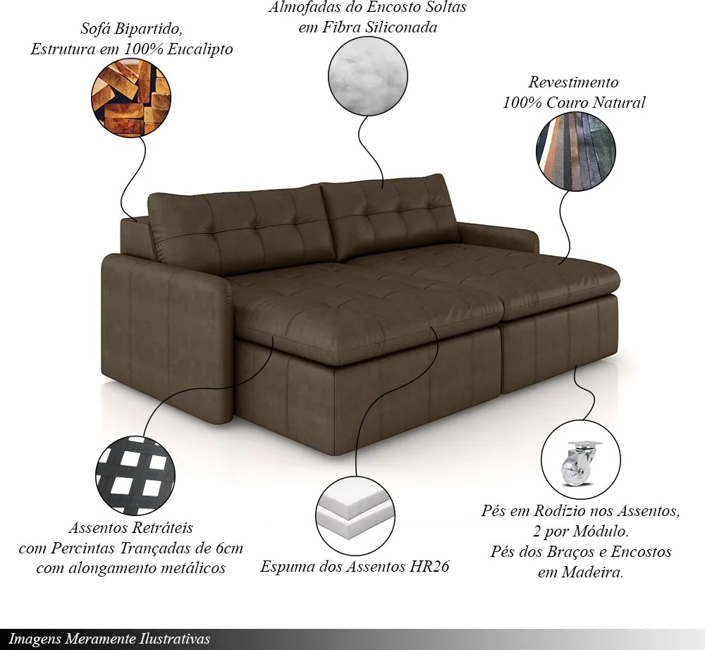 Sofá Retrátil Bipartido Sala de Estar Belém 204cm Couro Marrom Manchado G52 - Gran Belo