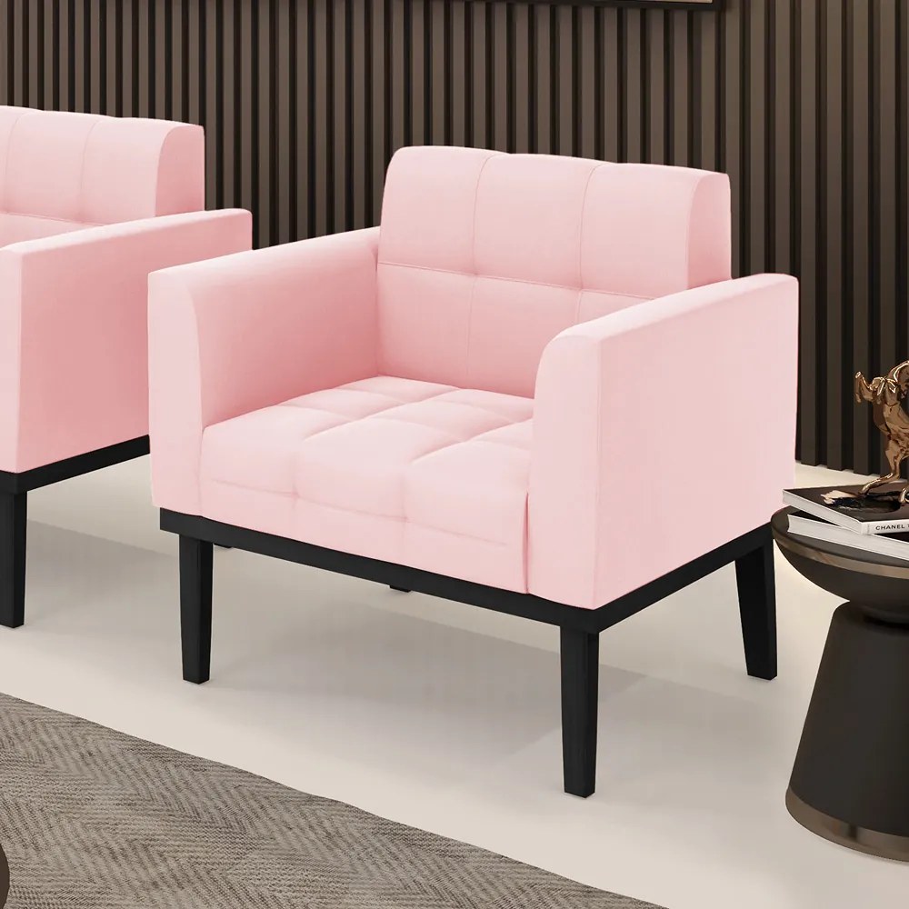 Poltrona Decorativa Karen Pés Fixo em Madeira Preto Suede Rosa Bebê G19 - Gran Belo