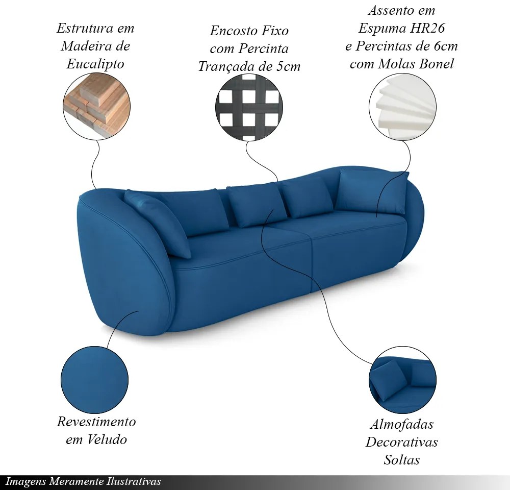 Sofá Bipartido Sala de Estar Diamond 292cm com Almofadas Soltas Veludo Azul G52 - Gran Belo