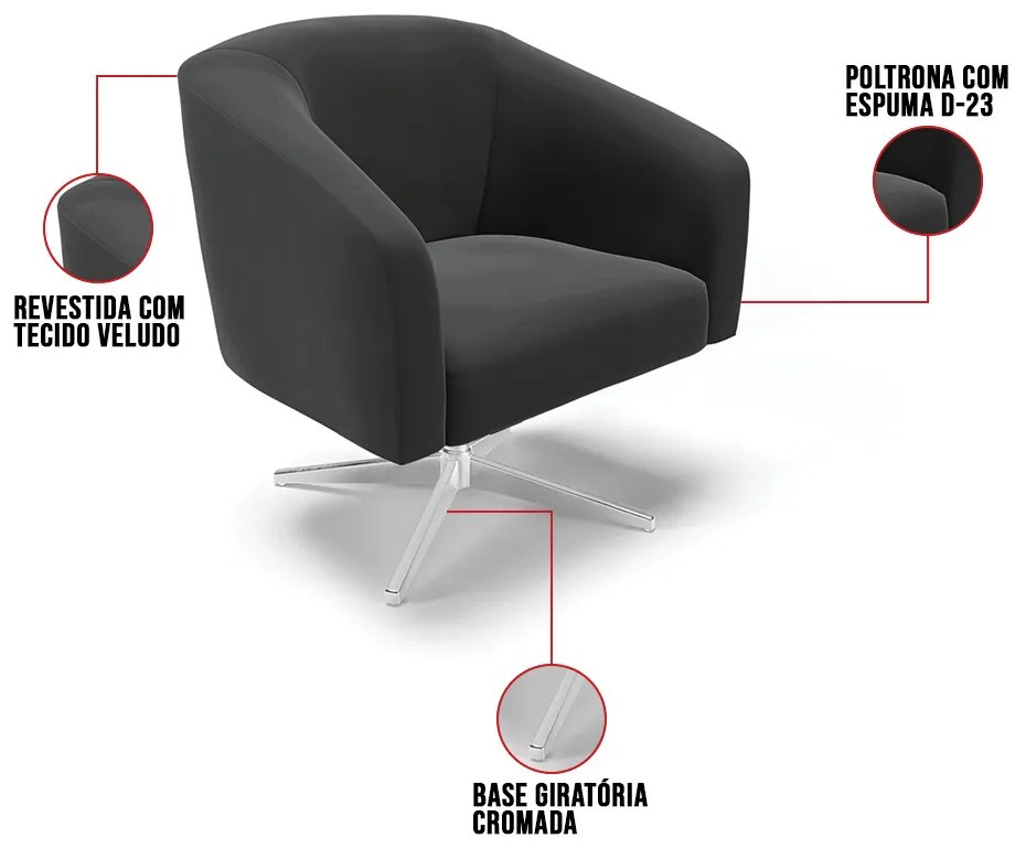 Poltrona Decorativa Giratória Cromada Stella Veludo D03 - D'Rossi - Preto