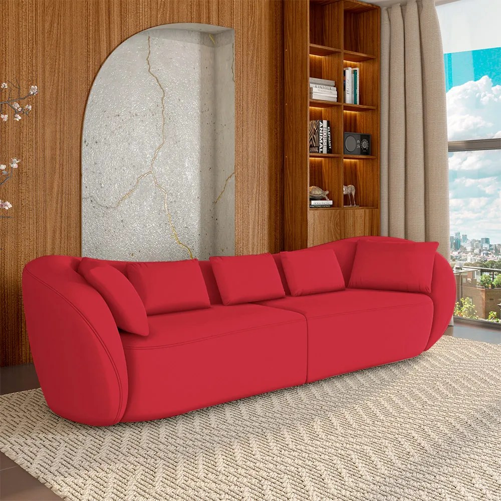 Sofá Bipartido Sala de Estar Diamond 232cm com Almofadas Soltas Veludo Vermelho G52 - Gran Belo