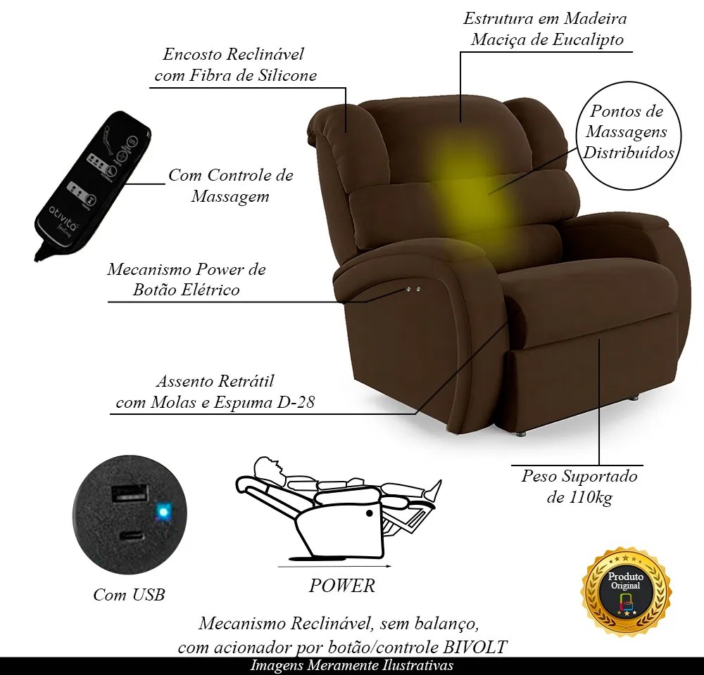 Poltrona do Papai Sala de Cinema Reclinável Kylie Power Touch Massagem USB Veludo Marrom G23